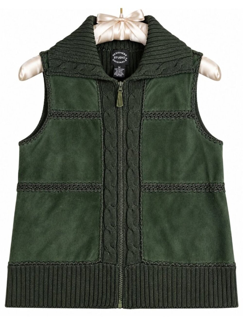 VTG 90s Womens Patchwork Suede Leather Knit Green Vest - M Goblincore Y2K Forest